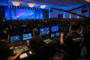 Ekip ProMedia vận hành bàn trộn và hệ thống livestream sự kiện lớn