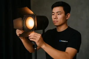 Ekip ProMedia chuẩn bị setup camera và ánh sáng trước buổi livestream sự kiện