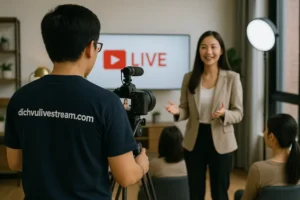 Ekip livestream setup máy quay và MC
