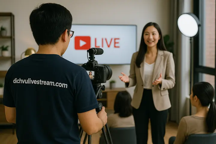 Ekip livestream setup máy quay và MC