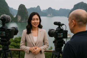 Livestream sự kiện văn hóa tại Quảng Ninh với MC và hậu cảnh Vịnh Hạ Long