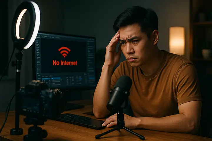 Người đàn ông Việt Nam lo lắng khi buổi livestream bị sự cố mất mạng, ngồi trước máy tính hiển thị thông báo “No Internet”, với micro, camera và ringlight trong phòng thu.
